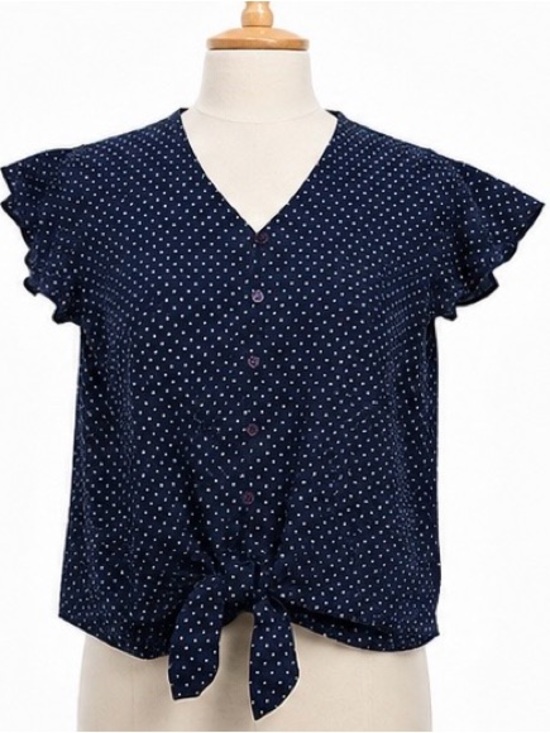 Tops - Navy Polka Dot Tie-Front Women's Top